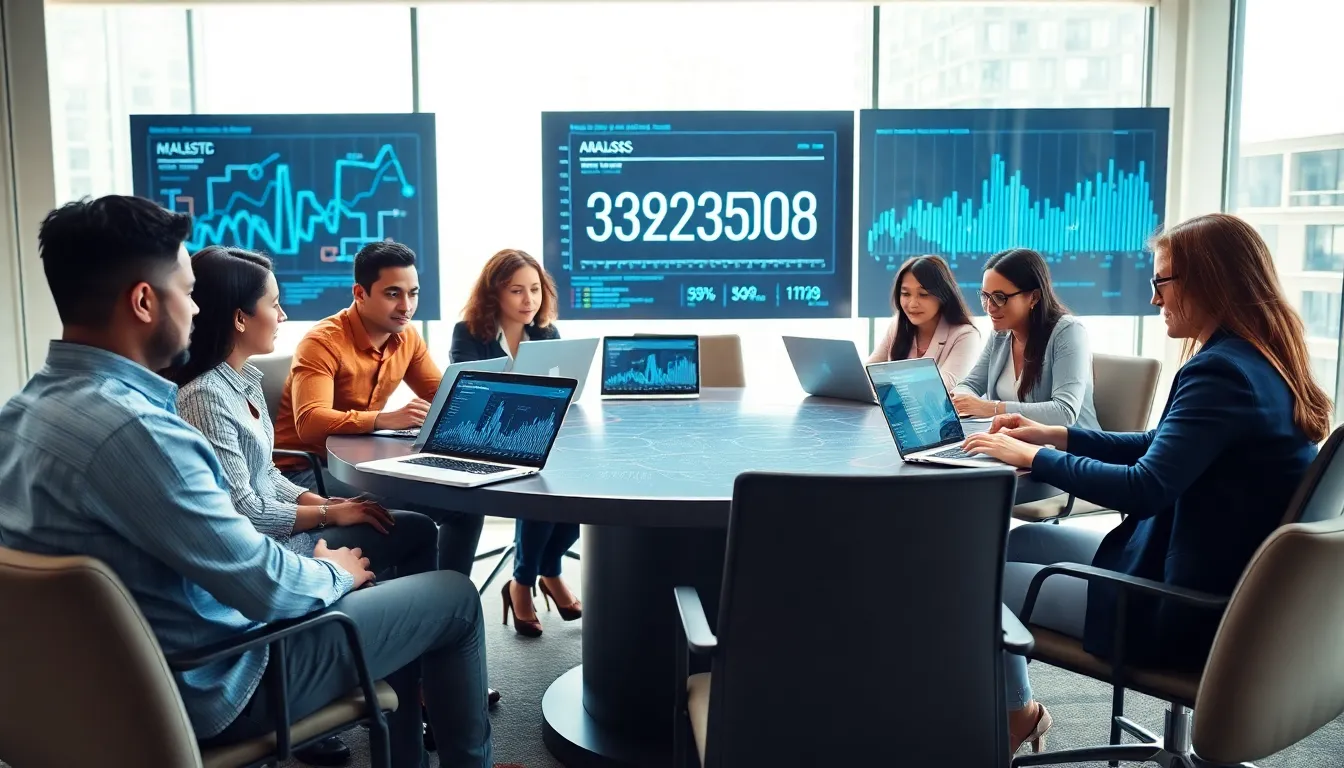 diverse team collaborating on data analysis in a modern office.